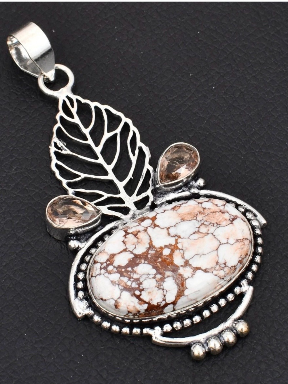 Artisan Handcrafted Wild Horse Jasper & Morganite Leaf Pendant Necklace